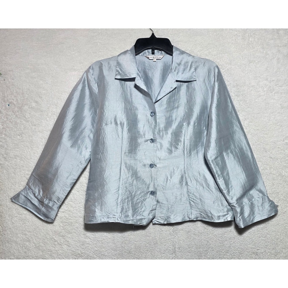 Silk Box Light Blue 100% Silk Button Front Blouse Notched Collar Size 8